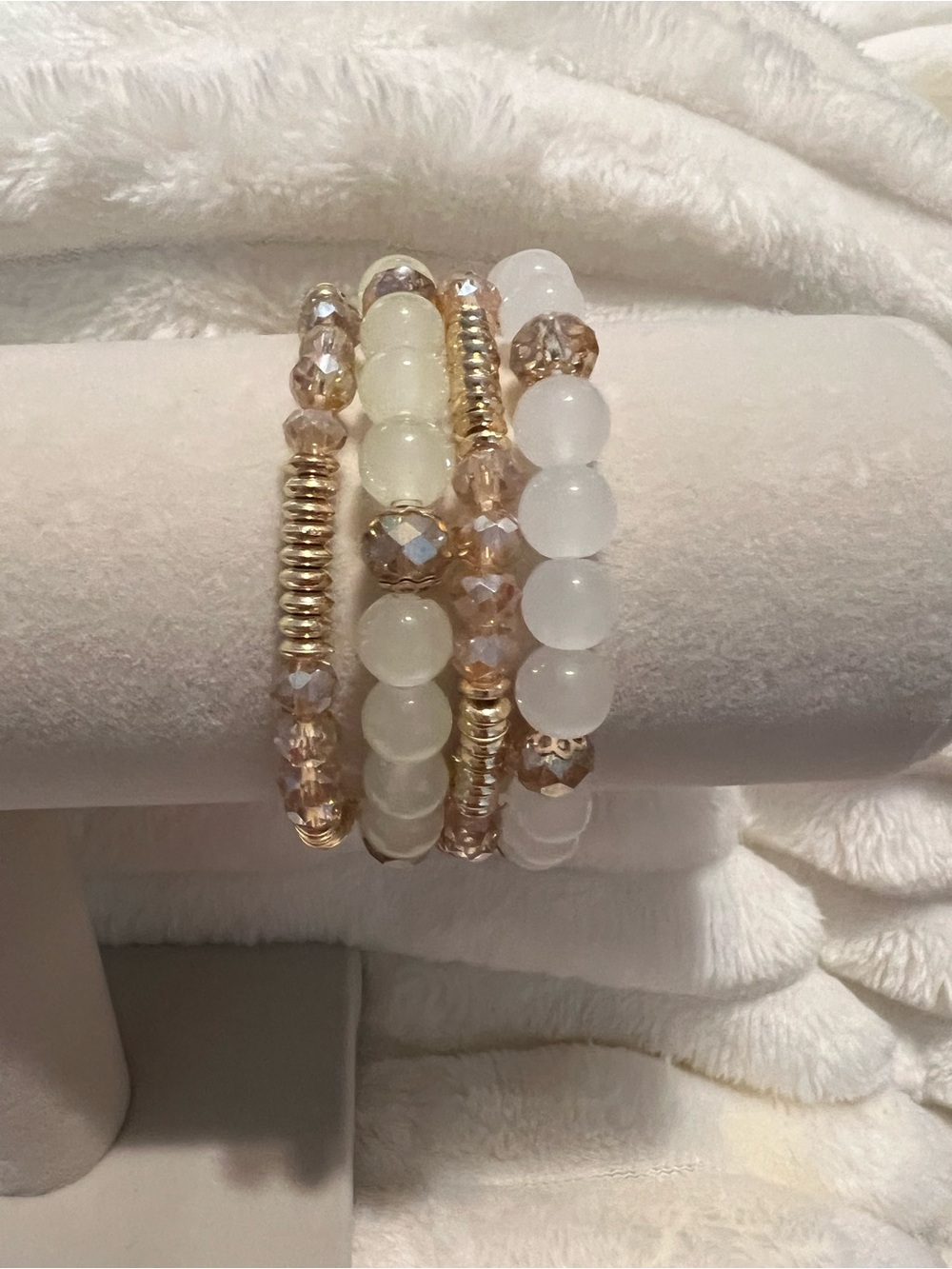 Stacked Pearl White and Gold Glass Beaded Stretch Bracelet Set of 4